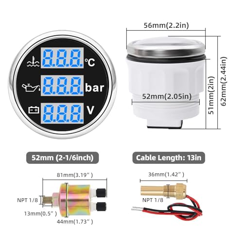 Cheotime Digital Gauge, 52 mm 3 in 1 Bootsanzeige mit Wassertemperatur, Öldruck und Voltmeter, IP67 Dreifachmeter für Autos, Lastwagen, Wohnmobile und Motorräder (Black Dial Silver Cover)