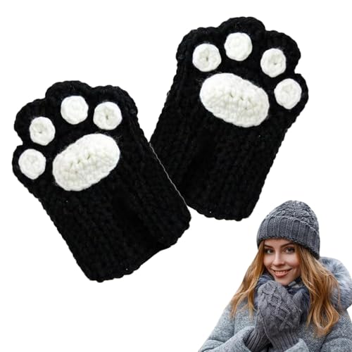 猫足手袋 ハーフフィンガー フェイクレザーミトン 冬用 柔らか素材 女の子用 コスプレ アクセサリー 猫愛好家向け 手洗い可能 (ブラック/ホワイト,D)