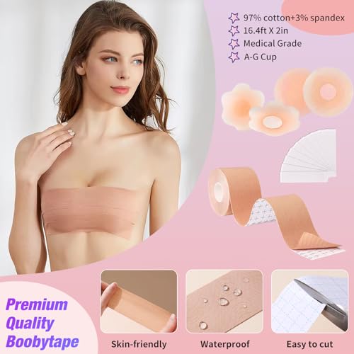 Boob Tape Kit, Boobtape for Breast Lift with Breast Petals and Covers, Sticky Adhesive Boobytape Bra Tape, Breathable Push Up Breast Tape for Breast Lift, Nipple Tape Cover for Large Breasts A-G Cup3