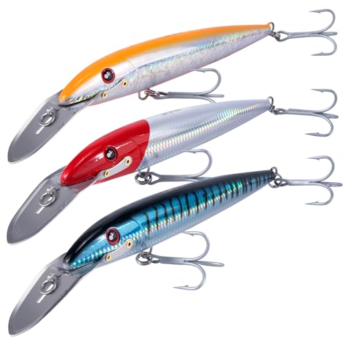 Dr.Fish Deep Diving Trolling Lures 16-20ft Saltwater Hard Fishing Lures 7.3 Deep Diving Jerkbait VMC Treble Hooks Pencil Twitch Bait Heavy Duty Offshore Plugs Striper Mackerel Tuna