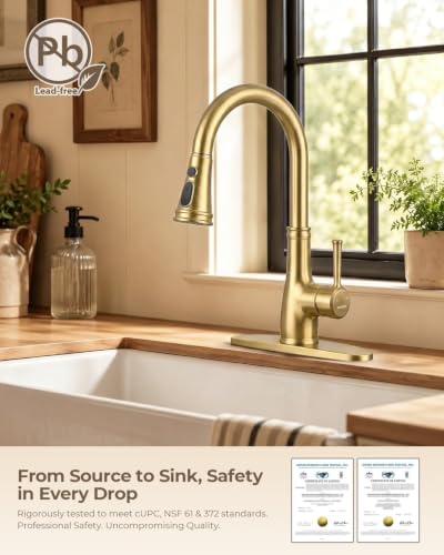 Image of WEWE Brushed Gold Kitchen Faucet with Pull Down Sprayer, Champagne Bronze Copper Single Handle Single Hole Kitchen Sink Faucet