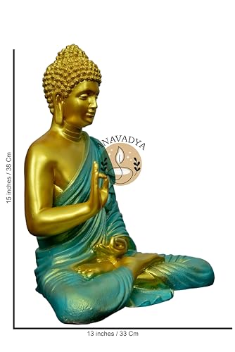 Image of Beautiful Sitting Buddha Idol Statue for Home & Garden Living Room | Healing Spirit Blessing Buddha Statue - 15 Inch Size (Sea Green + Golden)