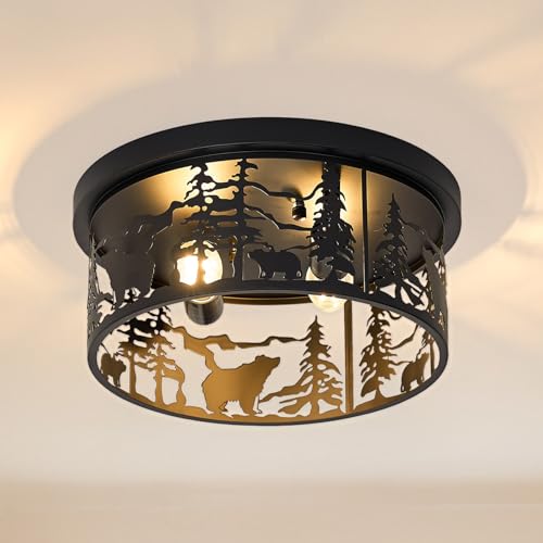 SAYTOP Farmhouse Rustic Bear Ceiling Light Fixtures, Vintage Industrial Cage Ceiling Lamp, 2-Light Black Flush Mount Ceiling Light for Bedroom, Balcony, Entryway, Hallway