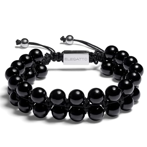 Elegatto GenBlack Premium Black Agate Beaded bracelet for Men | Unique Stones with Silver Polished Stainless Steel Clasp | Men’s Designer Bracelets | One Size (Adjustable)
