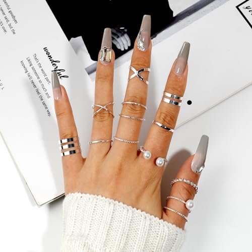 ONESING 25 Pcs Knuckle Rings for Women Stackable Rings Set Vintage Joint Rings Carved Flowers Silver