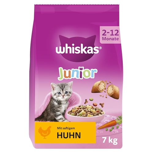 Whiskas Junior Trockenfutter Huhn, 7kg (1 Packung) - Katzentrockenfutter für heranwachsende Katzen - Extra kleine Kibbles für Kätzchen (2-12 Monate) - unterschiedliche Produktverpackungen erhältlich