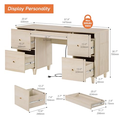 Image of WAMPAT 58 Inch Wood Desk with 4 Deep Drawers & Charging Station, Light Oak | Modern Executive Desk with Keyboard Storage Drawer, Home Office Large Wooden Computer Desk, Work & Study Writing Desk