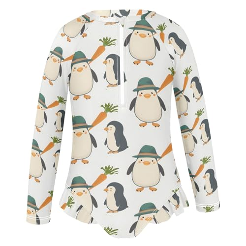 Penguin Carrying Carrot Girls Long Sleeve Swimsuit Rash Guard One Piece Bathing Suits Zipper 3-12T2
