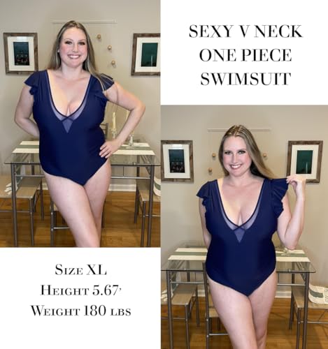 AI'MAGE One Piece Swimsuits for Women Sexy Mesh Deep V Neck Bathing Suit Ruffle Cap Sleeve Tummy Control Swimwear S-XXL2