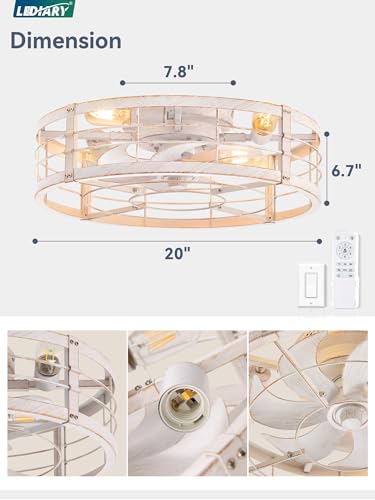 Image of LEDIARY 20 inch Caged Ceiling Fan with Light and Remote, Low Profile Flush Mount Fandelier, White Gold Bladeless Enclosed Small Fan Lights Ceiling Fixtures, Rustic Farmhouse Style for Bedroom, Outdoor