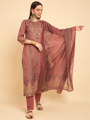 Image of SheWill Kurta Sets for Women - Red Rayon Aari Hand Work with Digital Floral Print Kurta with Pant and Chanderi Dupatta |Stylish Printed Summer Kurti Set