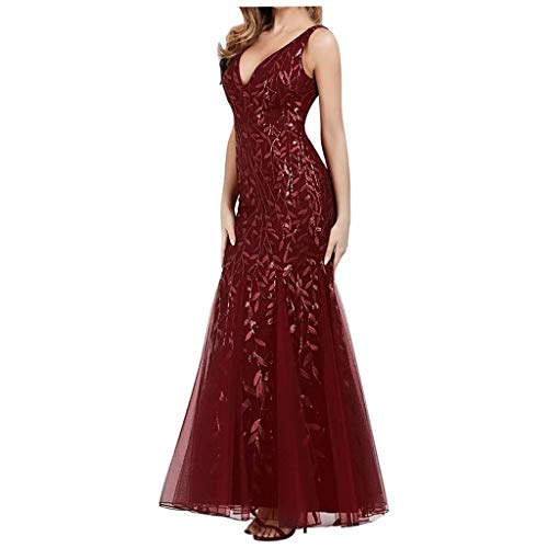 FORUU 2021 New Party Dress for Women,Plus Size Elegant Fishtail Evening Dress Sexy V-Neck Embroidered Beaded Sleeveless Dress Slim Fit Wedding Outfits Women Formal Dresses Best Gift