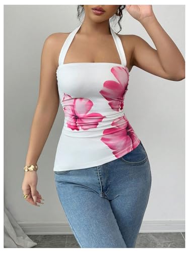 SOLY HUX Women's Floral Print Halter Tank Top Sleeveless Backless Ruched Asymmetrical Hem Summer Tops4