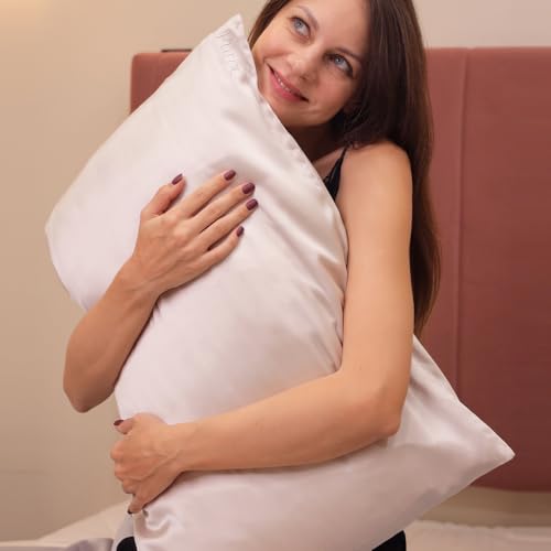 Image of FURBO 100% Mulberry Silk Pillowcase for Hair & Skin | 22 Momme Luxury Silk Pillow Cover | Cooling Breathable Anti Frizz Anti Aging Pillowcase | Hidden Zipper Closure | Size 20x26 Inch | Silver Mist