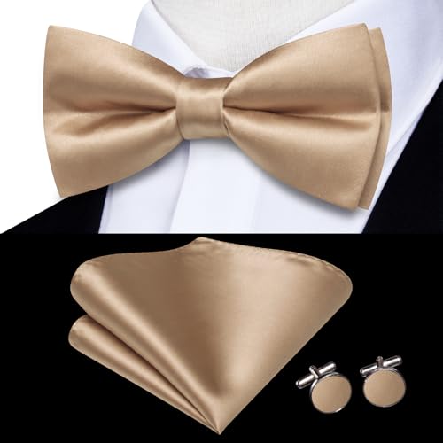 Image of Hi-Tie 5Pcs Mens Solid Color Silk Tie Satin Pretied Bowtie Lapel Pin for Men Handkerchief Cufflink Wedding Gift Box
