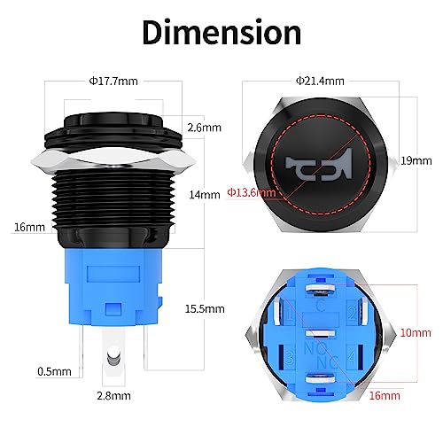 DaierTek Horn Button 12V Marine Horn Button 16mm Momentary Push Button Switch Stainless Steel Blue LED Light Speaker Horn Switch for Car Auto Marine Boat