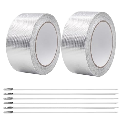 ASOFTY 2 Stück Hitzeschutzband Auspuff, 500 cm x 5 cm Auspuffband Selbstklebend mit 6 Kabelbinder, Hitzeschutz Auspuffband für Auto, Motorrad, Silber