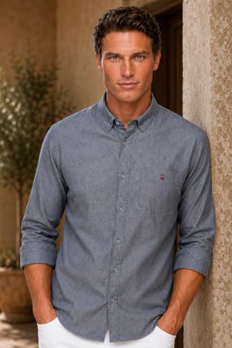 Image of Louis Philippe Men's Slim Fit Signature Oxford Easy Care, Natural Stretch Full Sleeve Solid Casual Shirt, Cotton