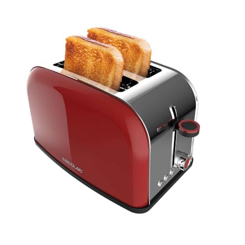 Cecotec Tostador Vertical Toastin' Time 850 Red Lite. 850W, Capacidad para 2 Tostadas, Ranura Ancha, Acero Inoxidable, Funciones preconfiguradas para comodidad, Control de Tostado personalidable