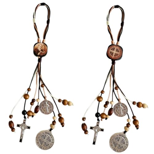 2PCS/Set Medalla De San Benito,Escapularios Wooden Beads Rosary St Benedict Medals for Door with Saint Benedict Cross Crucifix Catholic Gift Set for Car Hanging Charm Home Door Hanger Decor