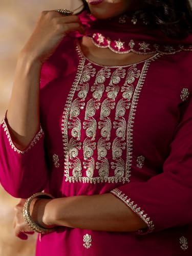 Image of VredeVogel Women's Silk Blend Embroidered Kurta with Pant & Dupatta Set | Modern & Traditional Blend Ethnic Wear | Festive & Casual Outfit