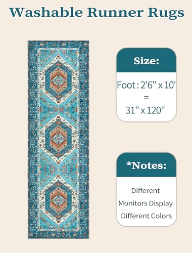 SERISSA Boho Washable Runner Rug, 2'6"x10' Rug Runner Non-Slip Vintage Blue Hallway Kitchen Runner Rug Ultra Soft Print Distressed Tribal Floor Carpet Runner for Bedroom Bathroom Laundry Room