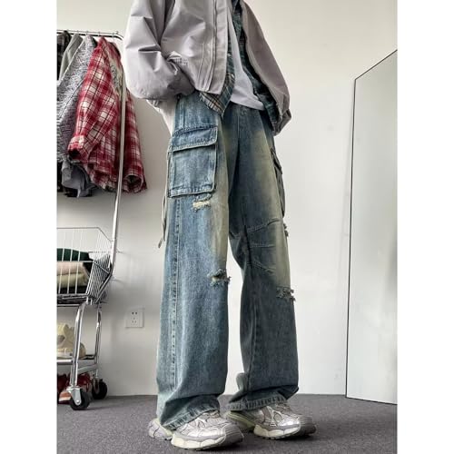 Baggy Cargo Pants for Men Y2K Distressed Straight Leg Denim Pants Teen Boys Ripped Wide Leg Jeans Hip Hop Streetwear3