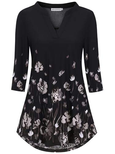 Womens Tunics Notch V Neck 3/4 Sleeve Blouses, Casual Dressy Top