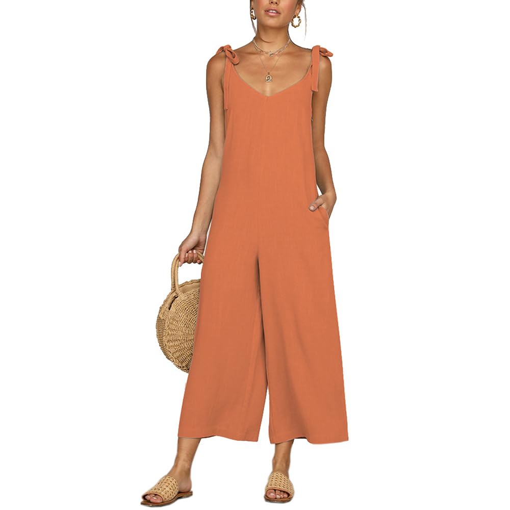 Dungarees for Women Jumpsuit Cotton Overalls for Women UK Wide Leg Dungarees with Pockets Adjustable Straps Womens Baggy Romper Casual Fashion Solid Sleeveless Suspender Pant (B:Orange,L)