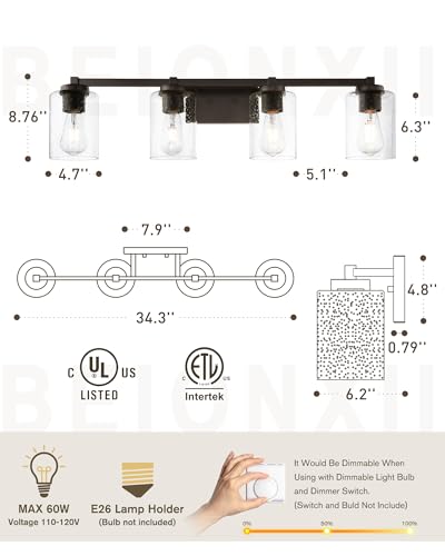 Image of Beionxii Bathroom Vanity Lights, 4-Light Vintage Wall Sconce Light Fixtures, Oil Rubbed Bronze Finish with Clear Seeded Glass - MB9002 Series