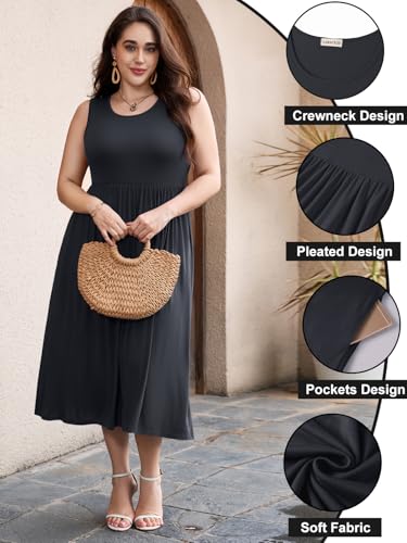Image of LARACE Women's Plus Size Sleeveless Maxi Dress Casual Crew Neck Pleated Flowy Long Dresses with Pockets L-6XL