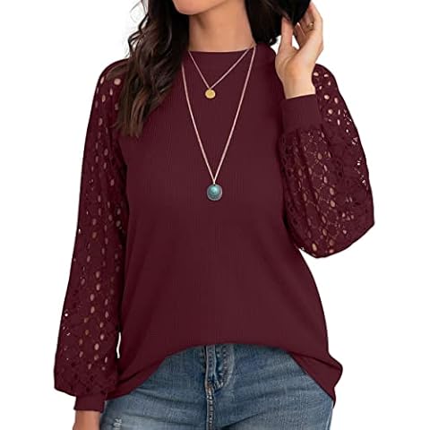 IWOLLENCE Women’s Long Sleeve Tops Jumpers Lace Raglan Sleeve Waffle Knit Crew Neck Blouse Casual Loose T Shirts (Wine Red, L) Cover