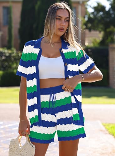 Pink Queen Women Shorts Set 2 Piece Outfits Short Sleeve Button Down Sweater Top Shorts Lounge Set Striped Blue XL — view 6