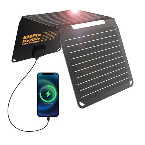 FlexSolar Cargador solar portátil plegable de 20 W – USB A y USB C, 5 V 3 A, IP67 resistente al agua y al polvo, panel solar de alto rendimiento para exteriores, senderismo, camping, emergencias