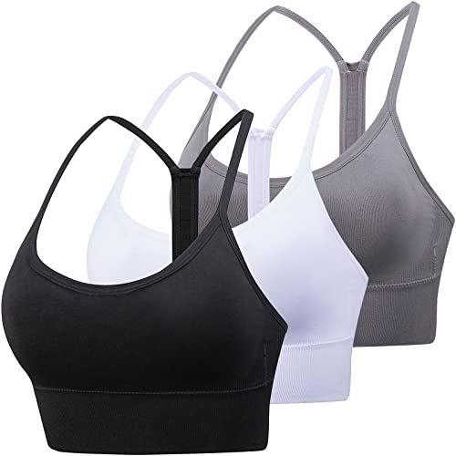 Image of Sports Bra, Workout Tops for Women, Medium Impact Strappy Padded Sports Bras for Women High Support (Medium, 3 Pieces Black & White & Gray)