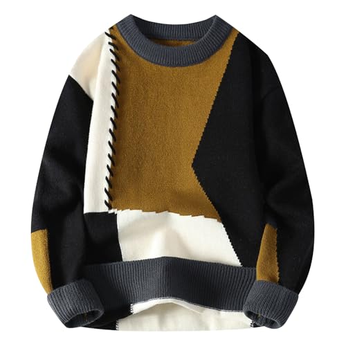 Cambkatl Men's Color Block Patchwork Sweaters, Pullover Loose Crewneck Stylish Knitted Long Sleeve Sweater Tops