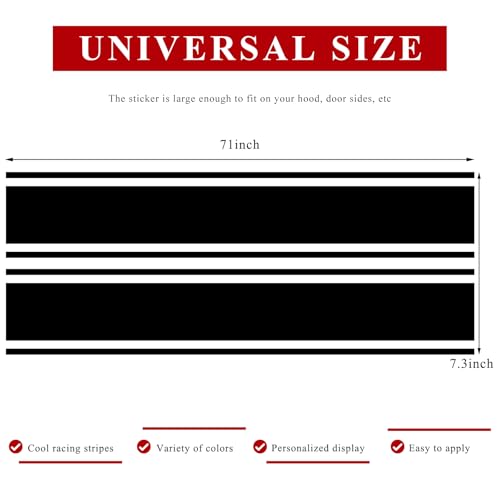 Image of 2 PCS Car Hood Sticker, 70.9 inch x 7.3 inch Waterproof Racing Stripes Auto Body Side Decals, Sports Style Hood Sticker Exterior Decoration for Most Vehicles, Car Accessories (Black)