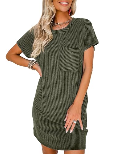 Image of Acelitt Womens Casual Summer Crewneck Short Sleeve Ribbed Mini Tshirt Dress, XS-3XL