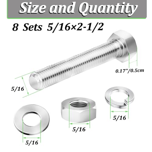 Image of 8 Sets 5 /16-18 x 2-1 /2 inch Stainless Steel Hex Head Screws Bolts, Flat, Nuts & Lock Washers,Hex Bolts 18-8(304) Full Thread