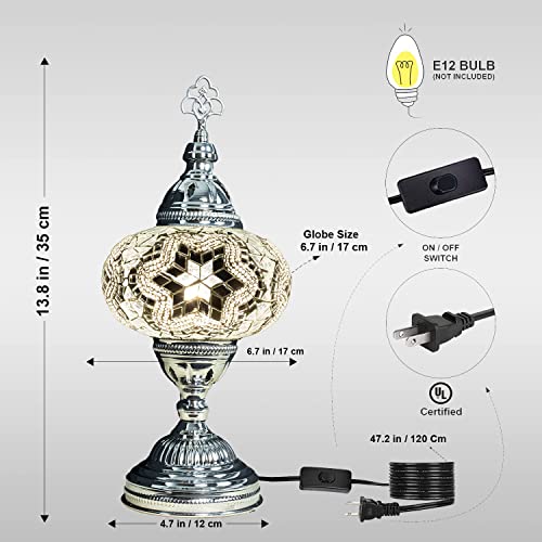 Mozaist Mosaic Colorful Desk Lamp, Turkish Stained Glass Bedside Night Light, Moroccan Chrome Finished Silver Color Decor Lighting For Home, Restaurants, Rustic With E12 Socket & Us Plug (White) #TOP5