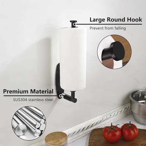 Image of Single Hand Operable Paper Towel Holder Under Cabinet with Damping Effect, Self Adhesive Paper Towel Roll Holder Wall Mount for Kitchen Bathroom, SUS304 Stainless Steel, Black