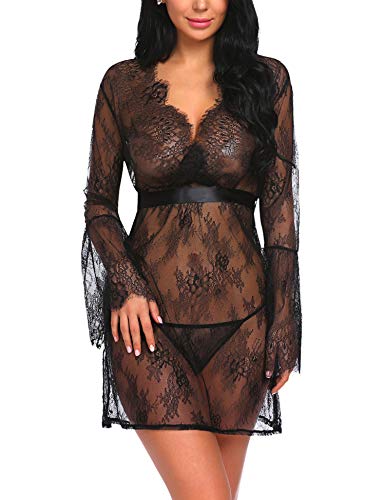 Meaneor_Fashion_Origin Damen Sexy Negligee Nachtwäsche Nachthemd Spitze Lingerie Nachtkleid Babydoll Dessous Reizwäsche Sleepwear Kleid mit String