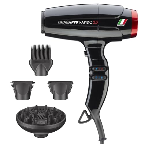 BaBylissPRO Rapido 2.0 Séchoir professionnel Ionique compact haute performance, sécheur professionnel professionnel haute vitesse conçu par l'Italie avec diffuseur, 2 Buse concentratrice, & Pièces jointes de peigne