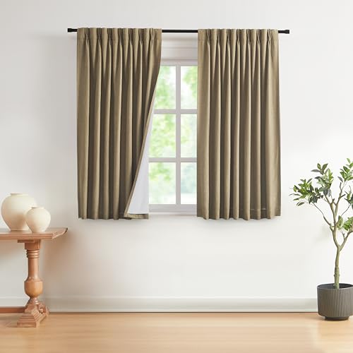 Image of Vision Home Brown Pinch Pleated Full Blackout Curtains Linen Blended Room Darkening Window Curtains 63 inch for Living Room Bedroom Thermal Insulated Pinch Pleat Drapes with Hooks 2 Panel 40 inch Wx63 L