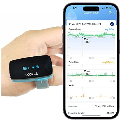 LOOKEE Ring Continuous Pulse Oximeter - Wearable Oxygen Monitor with Vibration Reminder for Low O2 - Rechargeable Blood Oxygen Saturation Tracker for SpO2 & PR - Free APP with Reports Cover