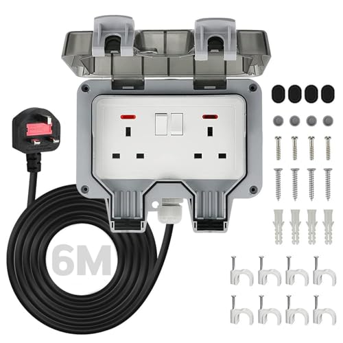 Outdoor Socket, Outdoor Double Plug Sockets with 6M Extension Cable, IP66 Weatherproof Wall Electrical Outlets with On-Off Switch and Indicator Light,Outside Plug Socket for Garden Garage Yard