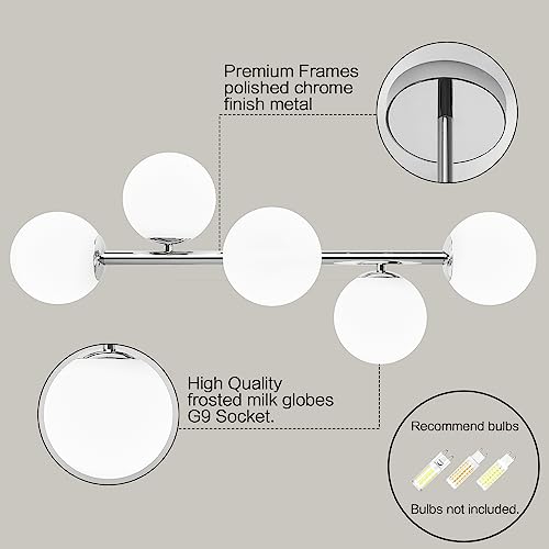 Image of Bathroom Vanity Lights, Mid Century Modern 5-Light Bathroom Light Fixtures, Chrome Bathroom Lights Ceiling Light, Wall Sconces Wall Mount Light Fixtures with Milk Globe Glass, Chrome Finish, G9 Base