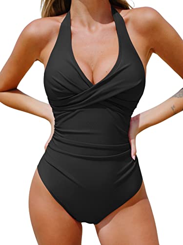 CUPSHE Damen Badeanzug Neckholder V Ausschnitt Wickeloptik Bauchweg Raffung Einteilige Bademode Swimsuit XL
