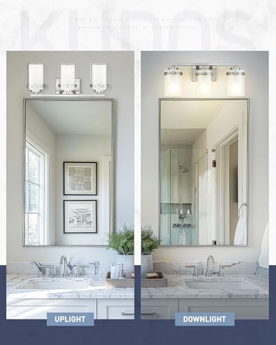 Image of kudos 3-Light 18-inch Bathroom Light Fixtures Over Mirror, Brushed Nickel Vanity Lights with Dual Glass Shade, Wall Sconce, Modern Vanity Lights for Bathroom, Hallway, KDVL15-BN-3