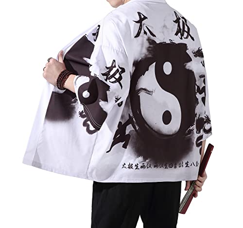 Image of PRIJOUHE Men's Lightweight Kimono Jacket Seven Sleeve Open Front Cardigan Coat Japanese Style Bathrobe